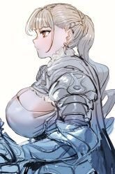 Rule 34 | 1girl, armor, blonde hair, bow (bhp), braid, breasts, cleavage, closed mouth, female knight, french braid, from side, gauntlets, huge breasts, knight, long hair, original, pauldrons, ponytail, profile, red eyes, shoulder armor, simple background, sketch, solo, white background