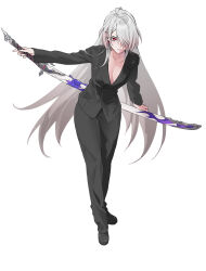Rule 34 | 1girl, absurdres, acheron (honkai: star rail), alternate costume, black footwear, black jacket, black pants, black suit, breasts, business suit, cleavage, commentary, english commentary, formal, full body, hair over one eye, highres, holding, holding sword, holding weapon, honkai: star rail, honkai (series), jacket, katana, long hair, long sleeves, looking at viewer, medium breasts, official alternate eye color, official alternate hair color, official alternate hair length, official alternate hairstyle, pants, red eyes, scabbard, serpent (pepepp39), sheath, sheathed, shoes, solo, suit, sword, very long hair, weapon, white hair