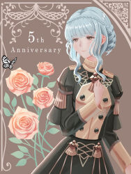 Rule 34 | 1girl, absurdres, black jacket, black skirt, blue hair, braid, brown background, brown eyes, bug, butterfly, crown braid, dangouo ty, english text, epaulettes, fire emblem, fire emblem: three houses, flower, garreg mach monastery uniform, highres, insect, jacket, looking to the side, marianne von edmund, nintendo, red flower, red rose, rose, sidelocks, skirt, solo