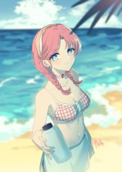 Rule 34 | 1girl, arknights, bare arms, bare shoulders, beach, blue eyes, blue poison (arknights), blue poison (shoal beat) (arknights), blue sky, braid, breasts, choker, cleavage, cloud, collarbone, crop top, day, earrings, gogatsu fukuin, hairband, highres, holding, jewelry, long hair, looking at viewer, medium breasts, midriff, navel, ocean, official alternate costume, outdoors, pink choker, pink hair, sky, smile, solo, spaghetti strap, sports bra, stomach, twin braids, water