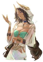 Rule 34 | 1girl, absurdres, astrologer (path to nowhere), blue eyes, bracelet, breasts, brown hair, choker, circlet, cleavage, covering navel, dark-skinned female, dark skin, drill hair, earrings, fake horns, highres, hood, hoop earrings, horns, jewelry, long hair, looking at viewer, medium breasts, midriff, o-ring, o-ring top, path to nowhere, smile, solo, toho10min, twin drills, twintails, upper body, very long hair, white background, white hood