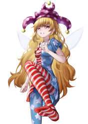 Rule 34 | 1girl, absurdres, ailu elf, american flag dress, american flag pants, american flag print, blonde hair, breasts, chinese commentary, closed mouth, clownpiece, commentary request, dress, fairy wings, hair between eyes, hand up, hat, highres, jester cap, leg up, long hair, looking at viewer, neck ruff, no shoes, pants, pink eyes, polka dot, print pants, purple hat, short sleeves, small breasts, solo, standing, standing on one leg, star (symbol), star print, striped clothes, striped dress, striped pants, teeth, touhou, transparent wings, v-shaped eyebrows, wings
