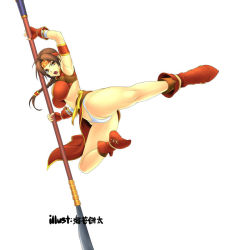 Rule 34 | 1girl, braid, breasts, brown hair, large breasts, namco, noriheita, open mouth, panties, polearm, seong mi-na, simple background, solo, soul calibur, spear, underwear, warrior, weapon, white background, white panties