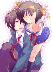 1boy 1girl brown_eyes brown_hair closed_eyes foreshortening hair_ribbon hairband kurohara_yuu kyon ribbon school_uniform serafuku short_hair suzumiya_haruhi suzumiya_haruhi_no_yuuutsu v