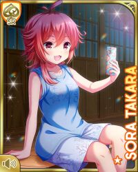 1girl :d blue_shirt card character_name girlfriend_(kari) mobile_phone night official_art open_mouth outdoors pink_eyes pink_hair qp:flapper shirt shorts side_ponytail sitting smile solo tagme takara_sora white_shorts