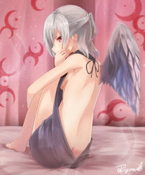 Rule 34 | 1girl, angel wings, ass, back, backless dress, backless outfit, bad id, bad pixiv id, bare back, bare shoulders, breasts, butt crack, curtains, dress, feathered wings, feathers, female focus, from behind, grey dress, grey sweater, grey wings, half updo, halterneck, hand on own cheek, hand on own face, kishin sagume, knees up, hugging own legs, looking at viewer, looking back, medium breasts, meme attire, naked sweater, no bra, no panties, on bed, poyosuke, purple dress, red eyes, ribbed sweater, short hair, sideboob, silver hair, single wing, sitting, solo, sweater, sweater dress, touhou, turtleneck, turtleneck sweater, twitter username, virgin killer sweater, wings
