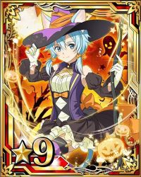 Rule 34 | 10s, 1girl, animal ears, blue eyes, blue hair, bow, breasts, card (medium), cat ears, cat tail, cleavage, detached sleeves, dress, ears through headwear, garter straps, gloves, hair between eyes, hair bow, halloween, halloween costume, hat, jack-o&#039;-lantern, looking at viewer, medium breasts, moon, orange bow, pumpkin, short hair with long locks, sinon, sinon (sao-alo), smile, solo, star (symbol), striped clothes, striped thighhighs, sword art online, tail, thighhighs, white gloves, witch hat