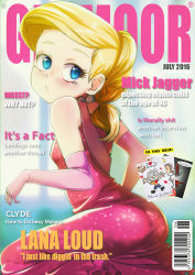 Rule 34 | 1girl, 2016, ass, barcode, blonde hair, blue eyes, blurry, blurry background, blush, breasts, character name, child, cosplay, cover, depth of field, dress, elbow gloves, english text, fake magazine cover, female focus, gloves, high ponytail, highres, jcm2, jewelry, july, lana loud, lola loud, lola loud (cosplay), looking at viewer, looking to the side, magazine cover, necklace, pearl necklace, pink dress, pink gloves, sleeveless, sleeveless dress, small breasts, solo, swept bangs, text focus, the loud house