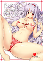 Rule 34 | 1girl, bikini, blush, breasts, cleft of venus, cover, front-tie top, hairband, idolmaster, idolmaster (classic), kazuchi, large breasts, long hair, lying, micro bikini, navel, nipples, parted lips, pussy, red eyes, see-through, shijou takane, shiny skin, silver hair, solo, spread legs, swimsuit, undersized clothes, very long hair