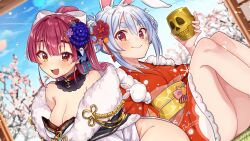 Rule 34 | 2girls, :d, anchor choker, animal ears, blue hair, blue sky, blush, breasts, cherry blossoms, cleavage, commentary request, dakuryuu, day, dokuro-kun (houshou marine), dutch angle, extra ears, flower, hair flower, hair ornament, heterochromia, highres, hololive, houshou marine, houshou marine (new year), japanese clothes, kanzashi, kimono, large breasts, long hair, looking at viewer, multiple girls, new year, open mouth, ponytail, rabbit ears, rabbit girl, red eyes, red hair, signature, sitting, sky, smile, usada pekora, usada pekora (new year), virtual youtuber, yellow eyes