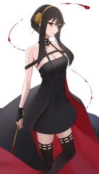 Rule 34 | 1girl, black dress, black gloves, black thighhighs, blood, blood on face, blood trail, breasts, brown hair, cleavage, dagger, dress, earrings, fingerless gloves, gloves, gold earrings, gold hairband, hair bun, hairband, highres, holding, holding dagger, holding knife, holding weapon, jewelry, knife, kuen (kuennn12), long hair, looking at viewer, medium breasts, red eyes, simple background, solo, spy x family, stiletto (weapon), thighhighs, two-sided dress, two-sided fabric, weapon, white background, yor briar
