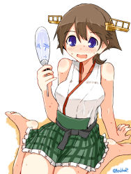 Rule 34 | 1girl, arm support, barefoot, brown hair, detached sleeves, flipped hair, full body, green skirt, hairband, hand fan, headgear, hiei (kancolle), hiei kai ni (kancolle), jewelry, kanoe soushi, kantai collection, looking at viewer, nontraditional miko, open mouth, paper fan, plaid, ribbon-trimmed sleeves, ribbon trim, ring, short hair, simple background, sitting, skirt, solo, twitter username, uchiwa, wariza, wavy mouth, wedding band, white background
