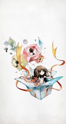Rule 34 | 1girl, bolt, box, brown hair, deemo, deemo (character), floating, girl (deemo), highres, in container, looking up, ribbon, television, undo (deemo)
