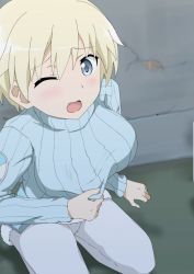 Rule 34 | 10s, 1girl, blonde hair, blue eyes, blush, brave witches, breasts, female focus, gobanme no mayoi neko, highres, large breasts, looking at viewer, nikka edvardine katajainen, one eye closed, open mouth, pants, short hair, solo, sweater, world witches series