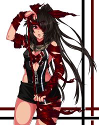 Rule 34 | 1girl, absurdres, black hair, hair over one eye, hair ribbon, highres, long hair, looking away, one eye covered, open mouth, original, ponytail, red eyes, revealing clothes, ribbon, ryusuke1234, short shorts, shorts, simple background, solo, striped, striped background, thighs