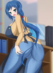 Rule 34 | 10s, 1girl, apron, ass, back, blue hair, blush, bow, breasts, clerk, denim, green eyes, gundam, gundam build fighters, hair bow, hair ornament, hanging breasts, happy, highres, hip focus, huge breasts, image sample, iori rinko, jeans, large breasts, legs, long hair, looking back, mature female, nipples, open mouth, pants, pixiv sample, ponytail, resized, sideboob, smile, sweater, tongue, turtleneck, yui77
