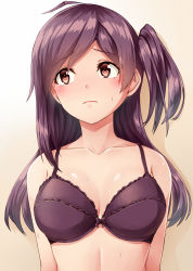 Rule 34 | 1girl, ahoge, bare shoulders, blush, bra, brown eyes, closed mouth, collarbone, embarrassed, gradient background, hagikaze (kancolle), highres, kamelie, kantai collection, long hair, looking away, one side up, purple bra, purple hair, sidelocks, simple background, solo, sweat, tearing up, underwear, underwear only, upper body, wavy mouth
