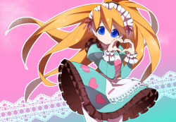 Rule 34 | 1girl, apron, blonde hair, blue dress, blue eyes, breasts, ciel (mega man), dress, frilled dress, frilled hairband, frilled sleeves, frills, hairband, heart, heart hands, kaidou zx, mega man (series), mega man x (series), mega man x dive, mega man zero (series), ponytail, puffy sleeves, small breasts, white apron
