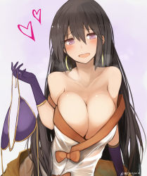 Rule 34 | asymmetrical gloves, bare shoulders, blush, bra, unworn bra, breasts, brown hair, cleavage, earrings, elbow gloves, fate/grand order, fate (series), gloves, heart, highres, holding, holding bra, holding clothes, holding underwear, hoop earrings, jewelry, large breasts, long hair, looking at viewer, off shoulder, purple background, purple eyes, single elbow glove, solo, twitter username, underwear, uneven gloves, very long hair, xuangzang sanzang (fate), yuzuki himuka