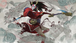 Rule 34 | 1girl, absurdres, akali, akali (legacy), alternate costume, antlers, architecture, arm guards, black hair, blood moon akali, blunt bangs, commentary, dissolving clothes, dual wielding, east asian architecture, english commentary, eyeliner, feet out of frame, from side, highres, holding, holding sword, holding weapon, horns, japanese clothes, kama (weapon), kimono, league of legends, lips, long hair, long sleeves, makeup, mask, mask on head, obi, outstretched arms, painting (object), profile, red kimono, red lips, red thighhighs, reverse grip, ribbon-trimmed sleeves, ribbon trim, sash, short kimono, short sword, sickle, smoke, solo, spread arms, standing, standing on one leg, sword, thighhighs, weapon, wide sleeves, zeenchin