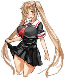 Rule 34 | 10s, 1girl, black serafuku, black skirt, blonde hair, breasts, clothes lift, cropped legs, female focus, hair ribbon, kantai collection, large breasts, long hair, murasame (kancolle), open mouth, red eyes, ribbon, sachito, school uniform, serafuku, short sleeves, simple background, sketch, skirt, skirt lift, solo, sweatdrop, thighs, very long hair, white background