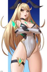 Rule 34 | 1girl, absurdres, animal ears, bare shoulders, blonde hair, blush, breasts, chest jewel, cleavage, fake animal ears, highres, large breasts, leotard, long hair, looking at viewer, mythra (xenoblade), nontraditional playboy bunny, playboy bunny, rabbit ears, solo, strapless, strapless leotard, swept bangs, tiara, tsundere, very long hair, x xith x, xenoblade chronicles (series), xenoblade chronicles 2, yellow eyes