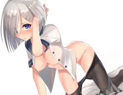 Rule 34 | 10s, 1girl, arm up, black pantyhose, blouse, blue eyes, blush, breasts, closed mouth, clothes lift, clothes pull, eyebrows, eyes visible through hair, hair ornament, hair over one eye, hairclip, hamakaze (kancolle), hand in own hair, hanging breasts, highres, kantai collection, looking at viewer, medium breasts, nipples, no bra, open clothes, pantyhose, pantyhose pull, school uniform, shirousa, shirt, shirt lift, short hair, silver hair, simple background, skirt, skirt around one leg, skirt pull, sweat, tears, underwear, white background, white shirt