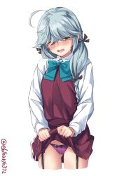 Rule 34 | 1girl, black ribbon, blue bow, blue bowtie, blush, bow, bowtie, braid, brown eyes, dress, ebifurya, grey hair, hair over eyes, hair ribbon, hamanami (kancolle), highres, kantai collection, lifting own clothes, long hair, long sleeves, looking at viewer, one-hour drawing challenge, panties, pleated dress, purple dress, purple panties, ribbon, school uniform, shirt, simple background, single braid, solo, twitter username, underwear, white background, white shirt