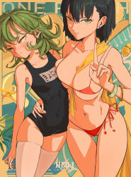 Rule 34 | &gt;:), 2girls, absurdres, artist name, asymmetrical docking, bare arms, bare shoulders, bikini, black hair, blue background, blush, breast press, breasts, cameltoe, cleavage, closed mouth, collarbone, commentary, cowboy shot, curly hair, curvy, earrings, embarrassed, eyelashes, food, frown, fruit, fubuki (one-punch man), gold bracelet, green eyes, green hair, groin, hair between eyes, hair over shoulder, hand up, highres, hug, jewelry, large breasts, lemon, lips, looking at viewer, looking away, medium hair, multiple girls, neo j, nose, one-punch man, petite, red bikini, school swimsuit, seductive smile, short hair, siblings, side-tie bikini bottom, sisters, skindentation, small breasts, smile, standing, straight hair, stud earrings, swimsuit, tatsumaki, thigh gap, thighhighs, thighs, translated, two-tone background, v, v-shaped eyebrows, white thighhighs, yellow background