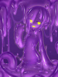 Rule 34 | 1girl, :d, claw pose, colored sclera, colored skin, colored tongue, completely nude, curss, fewer digits, flat chest, glowing, glowing eyes, glowing mouth, hand up, highres, long hair, looking at viewer, monster girl, nude, open mouth, original, pointy ears, purple hair, purple sclera, purple skin, ringed eyes, slime girl, smile, solo, tentacles, yellow eyes, yellow tongue
