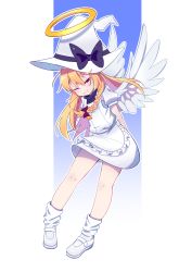 Rule 34 | 1girl, absurdres, alternate color, angel wings, apron, black hat, blonde hair, blush, bow, braid, closed mouth, commentary request, cookie (touhou), flat chest, frilled apron, frills, full body, hair bow, halo, hat, hat bow, highres, inabahitomi, kirisame marisa, long hair, looking at viewer, mary janes, one eye closed, puffy short sleeves, puffy sleeves, red bow, red eyes, shirt, shoes, short sleeves, side braid, single braid, skirt, smile, socks, solo, star (symbol), suzu (cookie), touhou, vest, waist apron, white apron, white background, white footwear, white hat, white shirt, white skirt, white socks, white vest, wings, witch hat