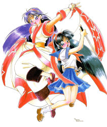 Rule 34 | 2girls, ainu clothes, artist name, asamiya athena, black hair, blue eyes, blush, breasts, cape, crossdressing, crossover, fingerless gloves, gloves, hair ribbon, highres, long hair, looking at viewer, medium breasts, multiple girls, nakoruru, open mouth, pants, purple eyes, purple hair, ribbon, samurai spirits, school uniform, skirt, smile, snk, the king of fighters, thighs, traditional media, v, weapon