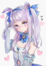 Rule 34 | 1girl, animal ears, bare shoulders, blue bow, blue hairband, blush, bow, breasts, cleavage, closed mouth, clothing cutout, elbow gloves, flying sweatdrops, frilled bow, frills, gloves, grey background, hair bow, hairband, hand up, head tilt, heart, heart background, highres, horse ears, long hair, looking at viewer, mejiro mcqueen (umamusume), navel, navel cutout, purple eyes, purple hair, shironeko yuuki, simple background, small breasts, solo, twintails, umamusume, white gloves