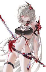 Rule 34 | 1girl, absurdres, acheron (honkai: star rail), bare shoulders, belt, black belt, black choker, blhazx, breasts, chinese commentary, choker, cleavage, commentary request, cowboy shot, flower, grey hair, hair flower, hair intakes, hair ornament, hair over one eye, halterneck, highres, holding, holding sword, holding weapon, honkai: star rail, honkai (series), large breasts, leg tattoo, long hair, looking at viewer, midriff, navel, official alternate color, red eyes, red flower, scabbard, sheath, sheathed, simple background, solo, standing, stomach, sword, tattoo, thigh strap, thighs, very long hair, weapon, white background