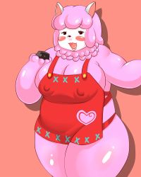 Rule 34 | 1girl, animal crossing, apron, black eyes, breasts, cleavage, female focus, furry, furry female, grape jelly (artist), naked apron, nintendo, nipples, open mouth, pink hair, reese (animal crossing), sheep, simple background, solo
