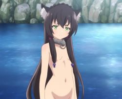 Rule 34 | 10s, 1girl, animal ears, black hair, blush, breasts, cat ears, collar, convenient censoring, green eyes, hair censor, hair over breasts, isekai maou to shoukan shoujo no dorei majutsu, lake, long hair, looking at viewer, metal collar, navel, nude, out-of-frame censoring, outdoors, rem galleu, rock, screencap, small breasts, solo, standing, water
