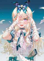 Rule 34 | 1girl, alice (grimlight), apron, arms up, back bow, bandaged arm, bandages, bandaid, bandaid on hand, blonde hair, blue background, blue bow, blue bowtie, blue choker, blue dress, blue hairband, blush, bow, bowtie, breasts, butterfly hair ornament, butterfly wings, buttons, card, choker, collared dress, dress, dress bow, eyes visible through hair, fang, fangs, fingernails, frills, gradient background, grey background, grey bow, grimlight, hair between eyes, hair ornament, hairband, hands up, heart, heart hands, heart in eye, highres, insect wings, long fingernails, long hair, looking at viewer, medium breasts, multicolored bow, multicolored bowtie, multicolored eyes, nail polish, one eye covered, open mouth, pink bow, pink bowtie, pink eyes, pink nails, puffy short sleeves, puffy sleeves, purple eyes, short sleeves, smile, solo, standing, striped bow, striped bowtie, striped clothes, sword, symbol in eye, teeth, tokkyu, tongue, weapon, white apron, white bow, wings