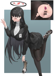 Rule 34 | 1girl, absurdres, anal, anal object insertion, anus, ass, black footwear, black hair, black pantyhose, blazer, blue archive, blush, breasts, censored, chuck (harfmoondark), cum, cum in footwear, cum on body, cum on feet, dorsiflexion, feet, foot out of frame, halo, highres, jacket, large breasts, leg up, legs, long hair, multiple views, no shoes, object insertion, paid reward available, pantyhose, pleated skirt, pussy, rio (blue archive), shoes, unworn shoes, skirt, sweatdrop, sweater, toes, torn clothes, torn pantyhose, turtleneck, turtleneck sweater