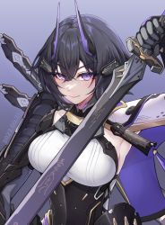 Rule 34 | 1girl, aether gazer, armor, armored corset, armpits, black hair, breasts, corset, hair between eyes, hair ornament, hairclip, highres, holding, holding sword, holding weapon, large breasts, looking at viewer, mechanical arms, purple eyes, ryouya (ryoya), short hair, shoulder armor, simple background, smile, solo, sword, tsukuyomi (aether gazer), weapon, weapon on back