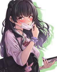 Rule 34 | 1girl, bag, black hair, bow, bowtie, brown eyes, cellphone, highres, holding, holding phone, idolmaster, idolmaster shiny colors, long hair, looking at viewer, mask, mayuzumi fuyuko, mouth mask, nail polish, open mouth, phone, pink shirt, purple nails, red bow, red bowtie, shirt, simple background, solo, white background, yoshimoto (carpsukidayo)