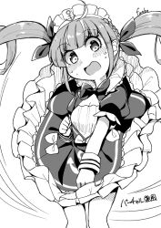 Rule 34 | 1girl, anchor symbol, blush, bow, braid, breasts, cleavage, frills, fun bo, greyscale, hololive, long hair, looking at viewer, maid, minato aqua, minato aqua (1st costume), monochrome, open mouth, signature, solo, twintails, virtual youtuber, wind, wind lift