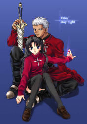 Rule 34 | 00s, 1boy, 1girl, archer (fate), armor, black hair, black skirt, black thighhighs, blue background, blue eyes, boots, brown eyes, brown footwear, cross, dark-skinned male, dark skin, fate/stay night, fate (series), full body, hair ribbon, holding, indian style, knees up, loafers, long hair, long legs, looking at viewer, outstretched arm, pleated skirt, ribbon, shoes, simple background, sitting, skirt, smile, spread legs, sweater, sword, thighhighs, tohsaka rin, turtleneck, uniform, wavy hair, weapon, white hair, zettai ryouiki