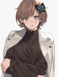 Rule 34 | 1girl, aogisa, bad id, bad pixiv id, blue eyes, brown hair, brown shirt, butterfly hair ornament, coat, coat on shoulders, crossed arms, earrings, girls&#039; frontline, hair ornament, highres, hp-35 (girls&#039; frontline), jewelry, looking at viewer, medium hair, open mouth, shirt, solo, white background, white coat
