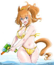 Rule 34 | 1girl, animal ears, bare shoulders, bikini, blue eyes, breasts, brown hair, cleavage, commentary request, cowboy shot, groin, hair between eyes, highres, holding, holding water gun, horse ears, horse girl, horse tail, large breasts, medium hair, navel, ocean, open mouth, osage gankyou, plaid, plaid bikini, ponytail, simple background, smile, solo, stomach, swimsuit, taiki shuttle (umamusume), tail, umamusume, wading, water, water gun, white background, yellow bikini