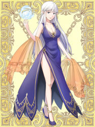 Rule 34 | 1girl, blue dress, blue footwear, braid, breasts, chain, cleavage, commentary request, dress, french braid, full body, high heels, kerberos blade, large breasts, long hair, looking at viewer, magic, natsuya (kuttuki), open mouth, pointy ears, side slit, sleeveless, sleeveless dress, smile, solo, white hair, yellow background