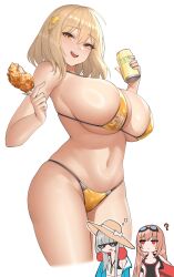 Rule 34 | 3girls, ?, absurdres, ahoge, anis (nikke), bare shoulders, bikini, black one-piece swimsuit, blonde hair, blush stickers, breasts, can, cat hair ornament, chibi, chicken (food), clothes writing, cropped legs, food, fried chicken, frima (nikke), frima (sea of sloth) (nikke), goddess of victory: nikke, goggles, goggles on head, hair ornament, hat, highres, holding, holding can, holding food, huge breasts, jacket, kurone rinka, light brown hair, long hair, looking at viewer, micro bikini, multiple girls, one-piece swimsuit, open clothes, open jacket, open mouth, rapi (classic vacation) (nikke), rapi (nikke), red eyes, simple background, smile, standing, string bikini, sun hat, swimsuit, teeth, thighs, underboob, upper teeth only, very long hair, white background, wide hips