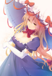 Rule 34 | 1girl, breasts, cleavage, commentary, dress, elbow gloves, gloves, hair between eyes, highres, holding, holding umbrella, large breasts, long hair, looking at viewer, neck ribbon, nnyara, parted lips, puffy short sleeves, puffy sleeves, purple dress, red ribbon, ribbon, short sleeves, smile, solo, touhou, umbrella, white background, white gloves, white headwear, yakumo yukari