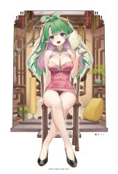 Rule 34 | 1girl, black panties, breasts, cameltoe, chinese clothes, colored inner hair, crossed legs, dress, framed, green hair, hand fan, highres, large breasts, long hair, mole, mole on breast, multicolored hair, panties, pantyshot, pink dress, pointy ears, purple eyes, second-party source, signature, sitting, smile, solo, sprout on head, underwear, virtual youtuber, wet.elephant