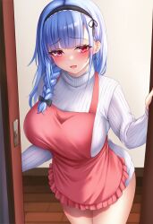Rule 34 | 1girl, absurdres, anchor earrings, apron, azur lane, black hairband, blue hair, blush, braid, breasts, dangle earrings, dido (azur lane), doorway, earrings, hairband, highres, huge breasts, jewelry, long hair, long sleeves, looking at viewer, open mouth, pink eyes, pov, pov doorway, red apron, ribbed sweater, smile, solo, sweater, taut clothes, urarasy, white sweater, wooden floor