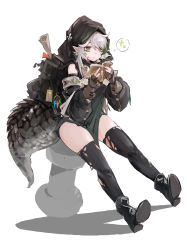 Rule 34 | 1girl, absurdres, arknights, black footwear, black thighhighs, book, boots, chinese commentary, commentary request, crocodilian tail, gloves, grey gloves, hands up, highres, holding, holding book, hood, jumbowhopper, korean commentary, large tail, long hair, long sleeves, mixed-language commentary, pointy ears, silver hair, simple background, sitting, solo, tail, thighhighs, thighs, tomimi (arknights), white background, yellow eyes